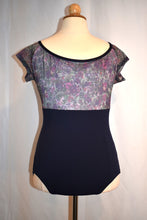 Load image into Gallery viewer, Navy Short Sleeve Leotard with Floral Mesh