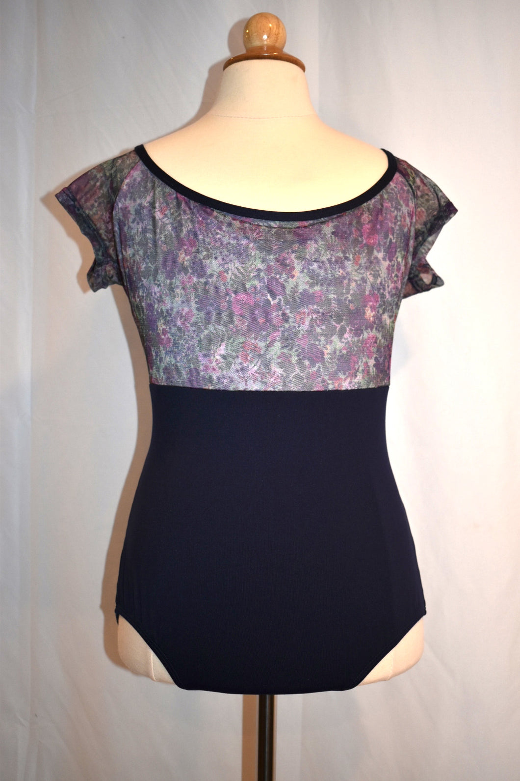 Navy Short Sleeve Leotard with Floral Mesh