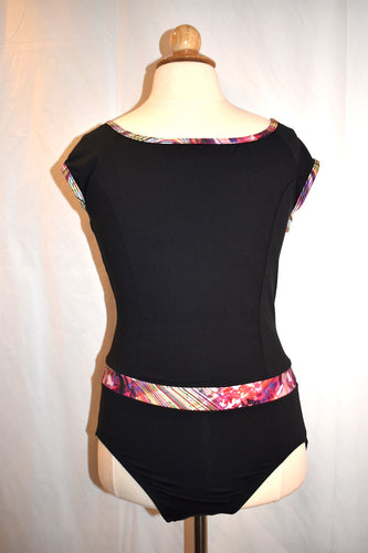 Black Cap Sleeve Leotard with Graphic Design Trim